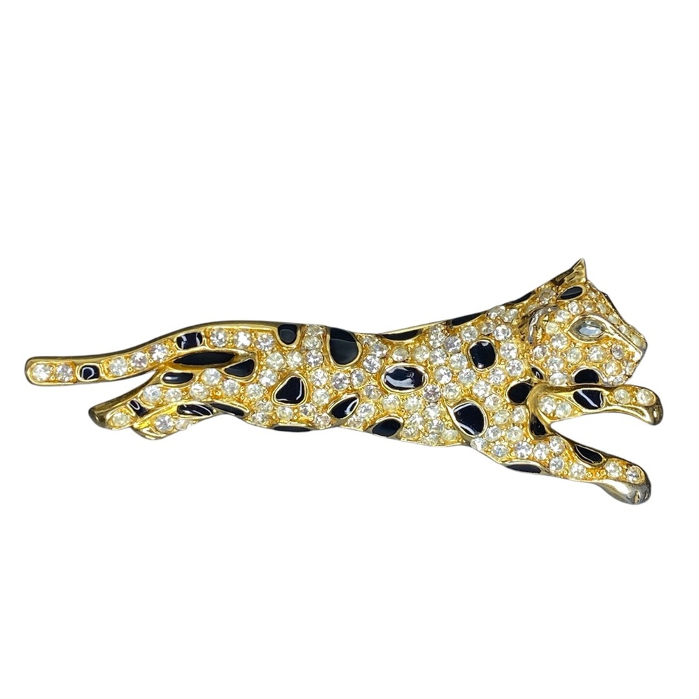 Vintage 1980s Trifari Black Enamel Rhinestone Leopard Cat Panther Brooch Pin 4”